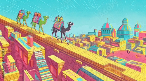 The silent trek of camels across a random, miragefilled cityscape, desert mirages meet urban illusions