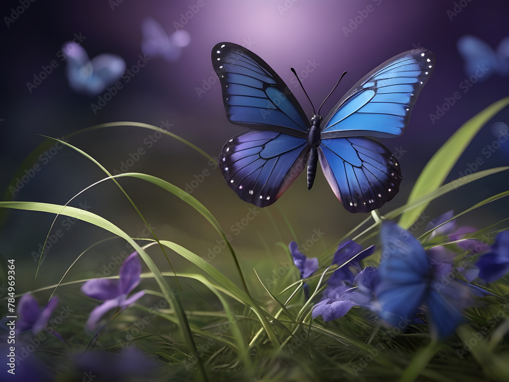 3d Illustration Art Blue butterfly on grass with blurred purple background Artistic wallpaper design

