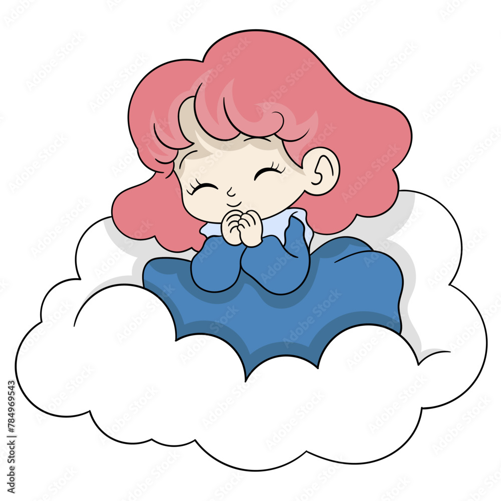 Fototapeta premium The red-haired little girl was riding the clouds in the sky happily