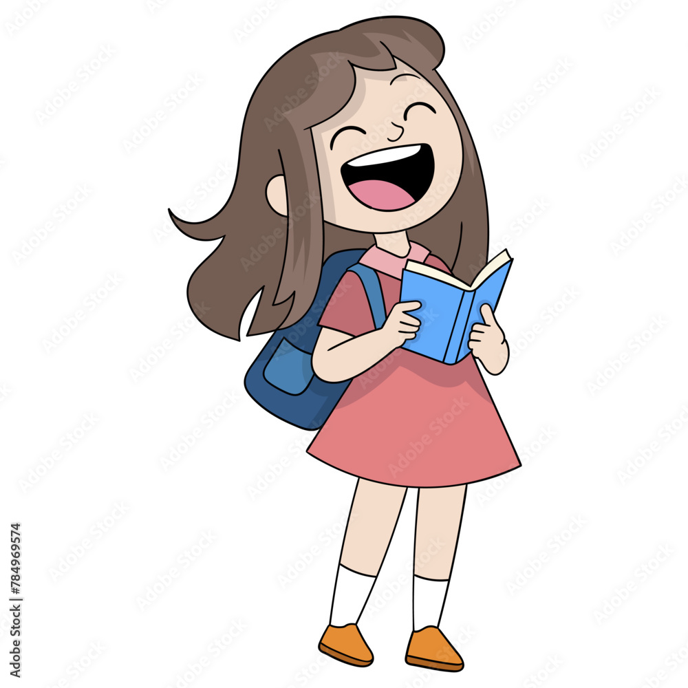 elementary school little girl is reading a humor book while laughing out loud elementary school little girl is reading a humor book while laughing out loud