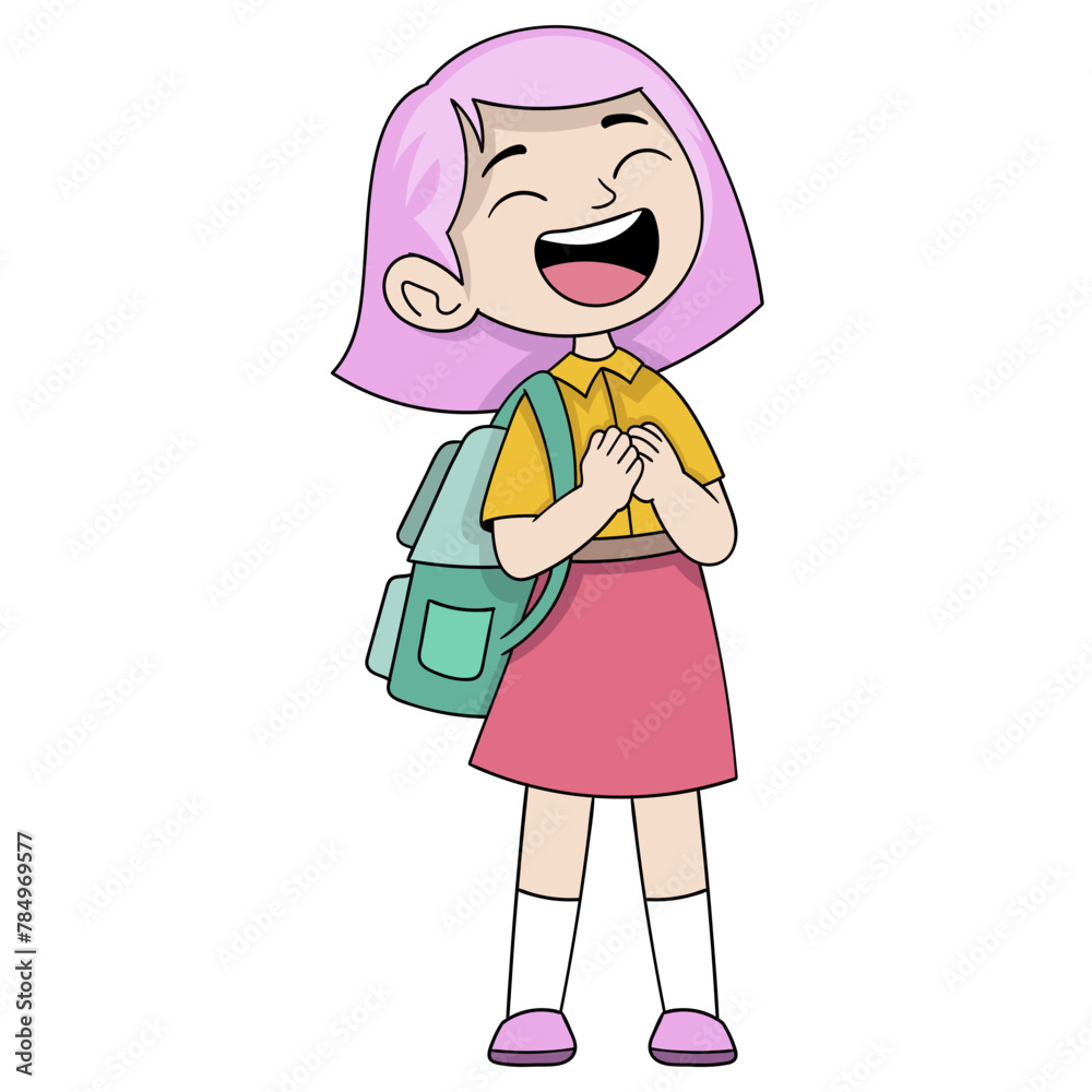 elementary school little girl is happy to go back to school to meet her friends