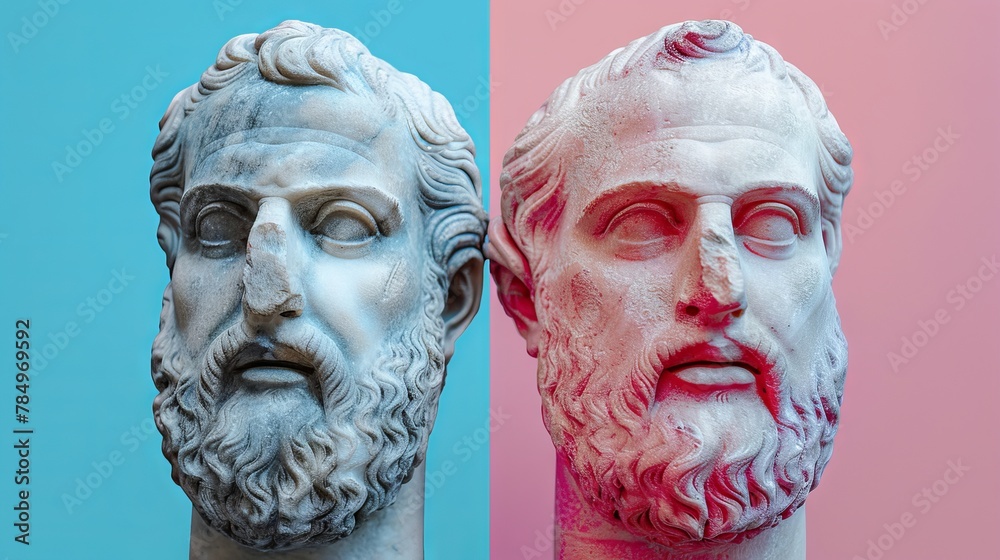 Obraz premium Classical ancient marble gypsum stoic, roman, greek bust, busts head sculpture against a colored background representing historical figures 
