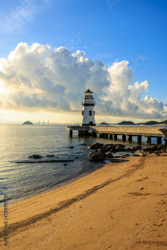 Beautiful coastline and lighthouse building landscape at sunrise in Zhuhai, China. famous travel destinations.
