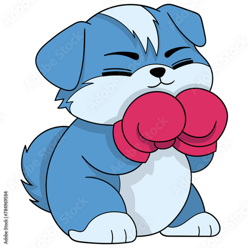 cute fat dog wearing boxing gloves, practicing sport to become champion