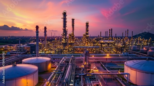 Oil and gas power plant refinery with storage tanks facility for oil production or petrochemical factory infrastructure and oil demand price chart concepts as wide banner with copy space