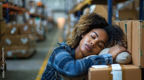 A tired African American female worker falls asleep on top of a cardboard box in a distribution warehouse.