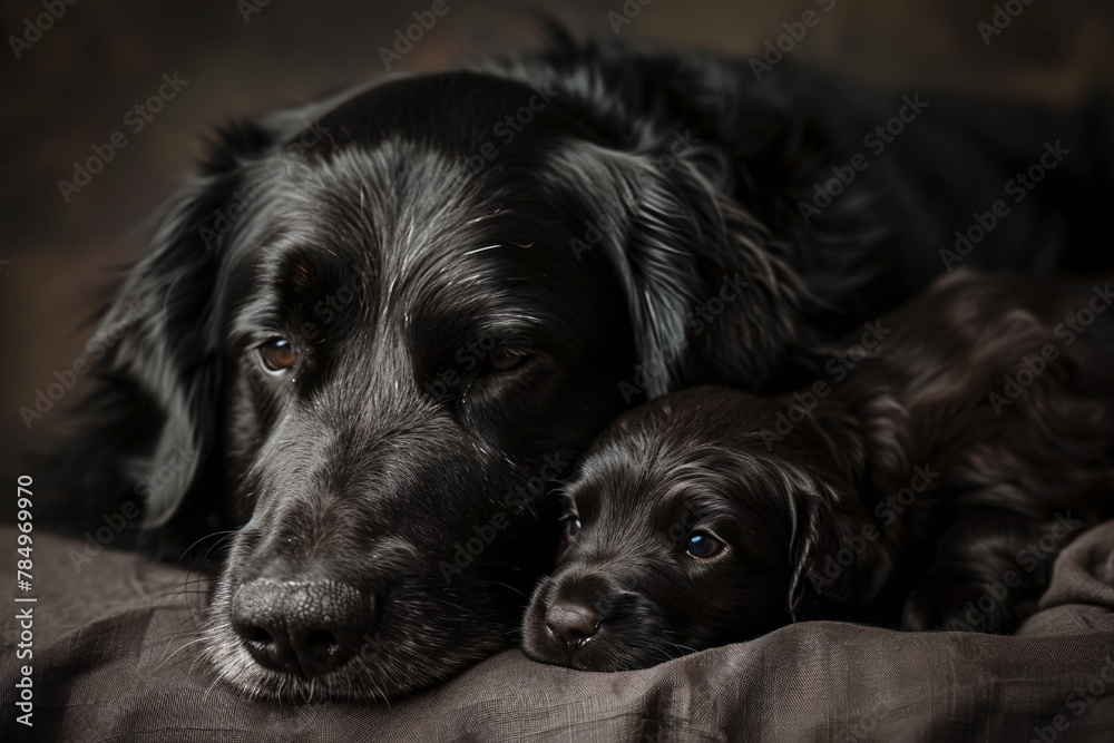 Black dog with young dog puppy