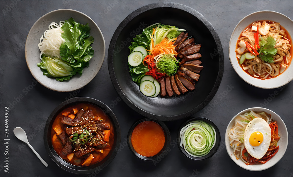 a vibrant Korean dining experience. Feature a person in a The table should be filled with Korean cuisine