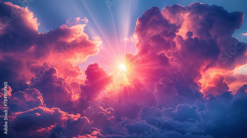 Sun heaven God yellow amazing beautiful shining with sunrise behind super nova light awesome clouds on warm bright day nature purple violet sunray sunbeam full color. 