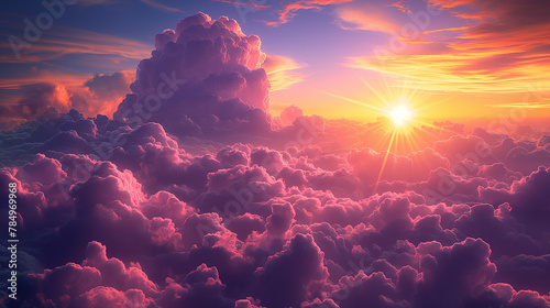 Sun heaven God yellow amazing beautiful shining with sunrise behind super nova light awesome clouds on warm bright day nature purple violet sunray sunbeam full color. 