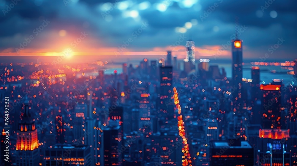 Fototapeta premium Metropolis Lights Bokeh. Stunning Background Showcasing the Glittering Lights of a Thriving Metropolis, Reflecting the Pulse and Dynamism of Urban Life