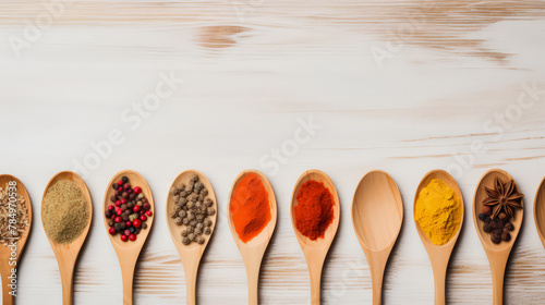 flat lay of colorful spices in spoons on wooden table , Cooking, ingredient, a Food