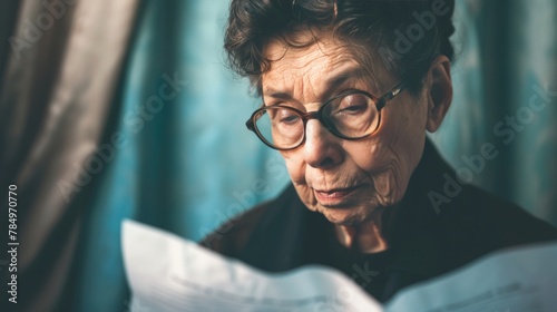 Portrait of an elderly woman concentrating on reading a paper with eyeglasses. photo
