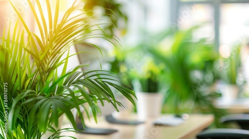 Lush green potted plants on a sunny office desk  enhancing workspace environment.