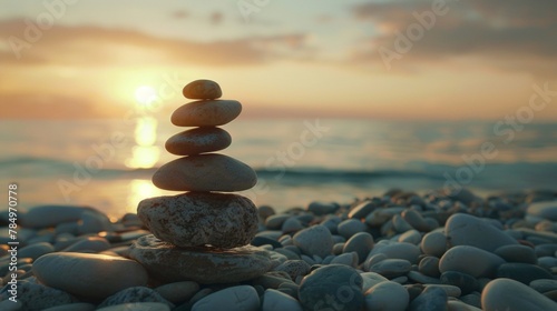 A serene stack of smooth, rounded stones balanced perfectly against a calming sunset over the ocean.