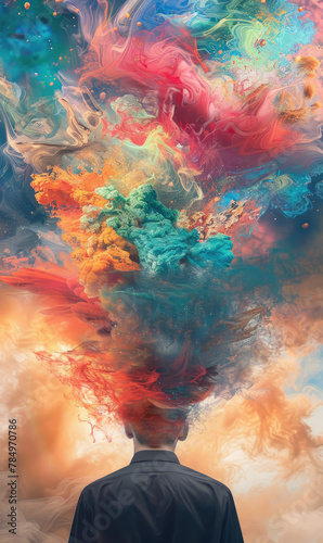 Craft a mesmerizing rear view illustration featuring an explosion of colors that blend seamlessly to evoke a feeling