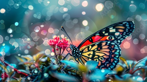 A vibrant butterfly perching on a pink flower with a dreamy bokeh light background. © tashechka