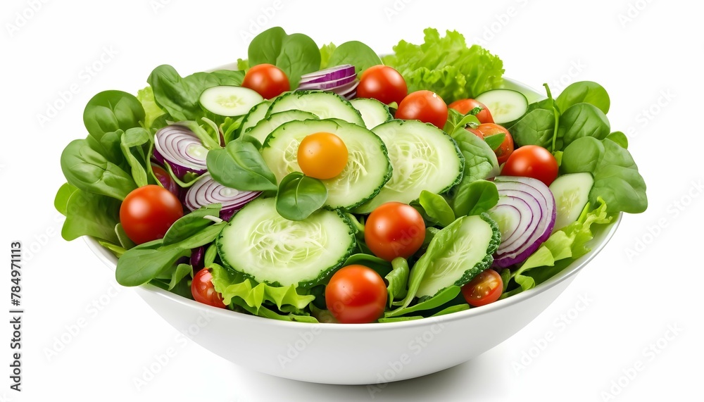 Salad-bowl-with-spinach--cherry-tomatoes--lettuce--cucumber-and-many-more-vegetables-isolated-on-white-background