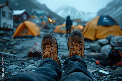Hiking boots in cold mountain base camp