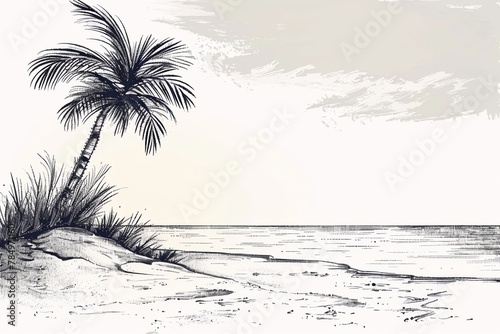 Panoramic beach view. illustration of seaside promenade with palm Black and white drawing.