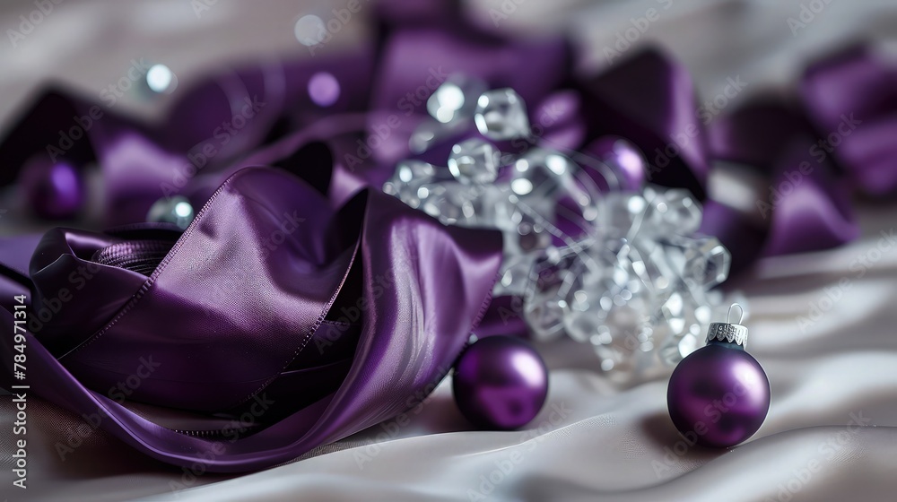 A luxurious background adorned with a shimmering purple ribbon elegantly intertwined with sparkling diamonds. A luxurious background adorned with a shimmering purple ribbon elegantly intertwined with sparkling diamonds.