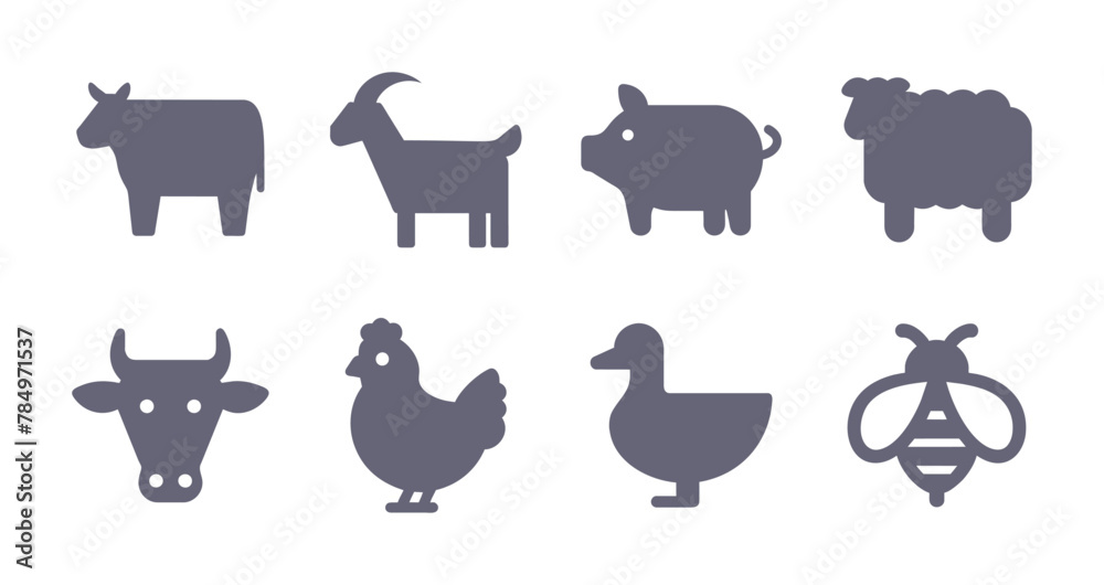 Farm animals glyph flat icons. Vector solid pictogram set included icon as cow, goat, pig, chicken, honeybee silhouette illustration for livestock. Farm animals glyph flat icons. Vector solid pictogram set included icon as cow, goat, pig, chicken, honeybee silhouette illustration for livestock.