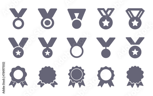Gold medal silhouette flat icons. Vector glyph pictogram set included icon as certified warranty ribbon, championship award, leadership, trophy prize illustration for infographic.