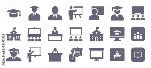 Education glyph flat icons. Vector solid pictogram set included icon as training seminar, teacher presentation, students classroom, university building, lesson silhouette illustration for infographic.