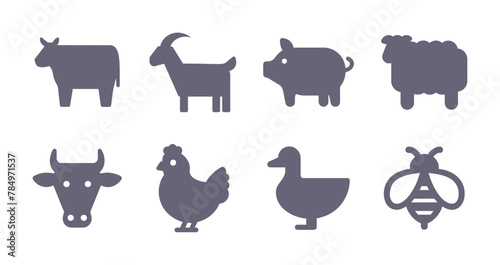 Farm animals glyph flat icons. Vector solid pictogram set included icon as cow, goat, pig, chicken, honeybee silhouette illustration for livestock.