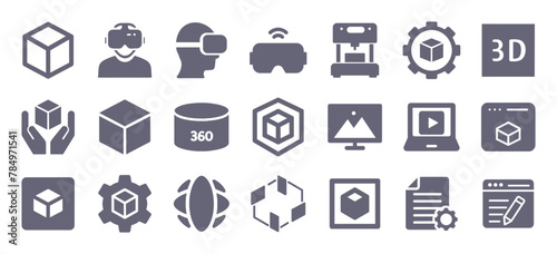 3D glyph flat icons. Vector solid pictogram set included icon as printer, rotation, metaverse, headset, construction simulation, augmented reality model silhouette illustration for infographic.