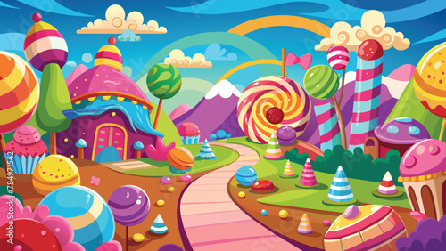 Whimsical candy land with sweet treats, Fantasy landscape  vector cartoon illustration.