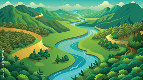 Scenic valley with a winding river and lush greenery, vector cartoon illustration.