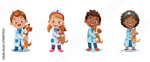 Children dressed as veterinarians with pets dogs, vector cartoon illustration.