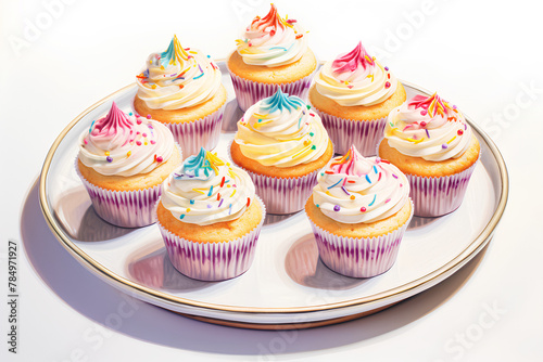  Colorful Frosted Cupcakes on Ceramic Plate, Whimsical Dessert Presentation, Party Sweets with Copy Space