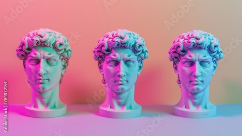 Ancient classical marble gypsum stoic, roman, greek bust, busts head sculpture against a colored background representing historical figures 