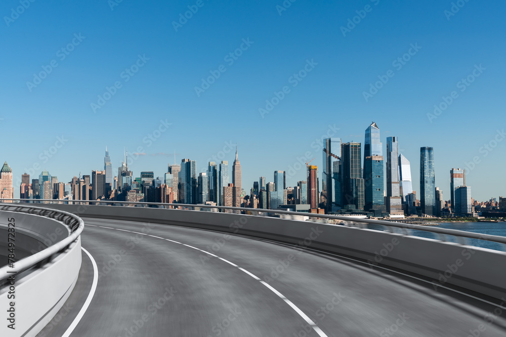 Fototapeta premium Empty urban asphalt road exterior with city buildings background. New modern highway concrete construction. Concept of way to success. Transportation logistic industry fast delivery. New York. USA.