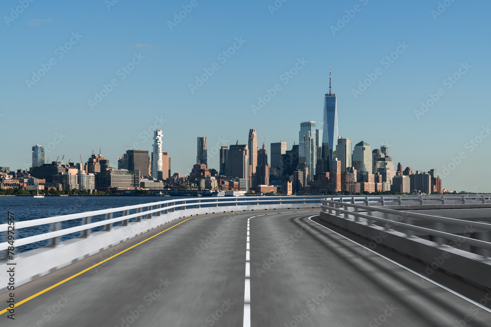 Empty urban asphalt road exterior with city buildings background. New modern highway concrete construction. Concept of way to success. Transportation logistic industry fast delivery. New York. USA. Empty urban asphalt road exterior with city buildings background. New modern highway concrete construction. Concept of way to success. Transportation logistic industry fast delivery. New York. USA.