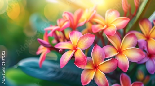 Vibrant tropical flower background illustration colorful paradise, botanical orchid, plumeria frangipani vibrant tropical flower background photo