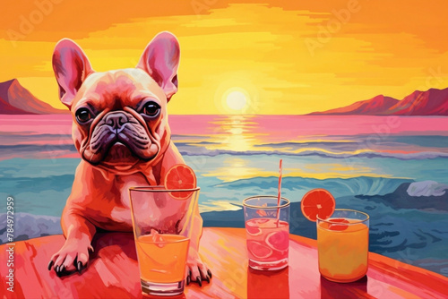 An adorable French Bulldog joyfully drinking orange juice on a beach, surrounded by a sea of pink hues. photo