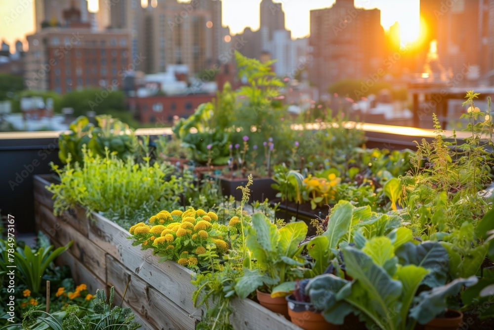 Golden hour light on rooftop urban garden Golden hour light on rooftop urban garden