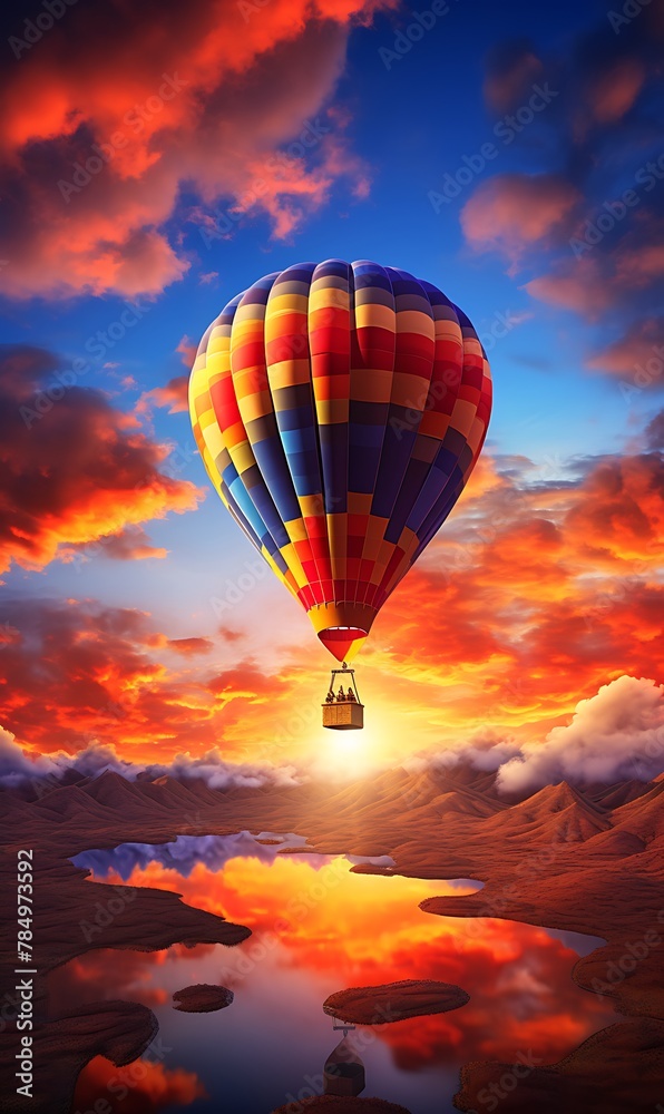 Obraz premium Hot air balloon in the sky at sunset, beautiful landscape