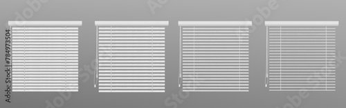 Open and closed window blinds animation set isolated on gray background. Vector realistic illustration of horizontal white shutters, jalousie shade for home, office interior, metal sunshade collection