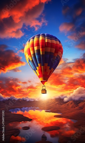 Hot air balloon in the sky at sunset, beautiful landscape