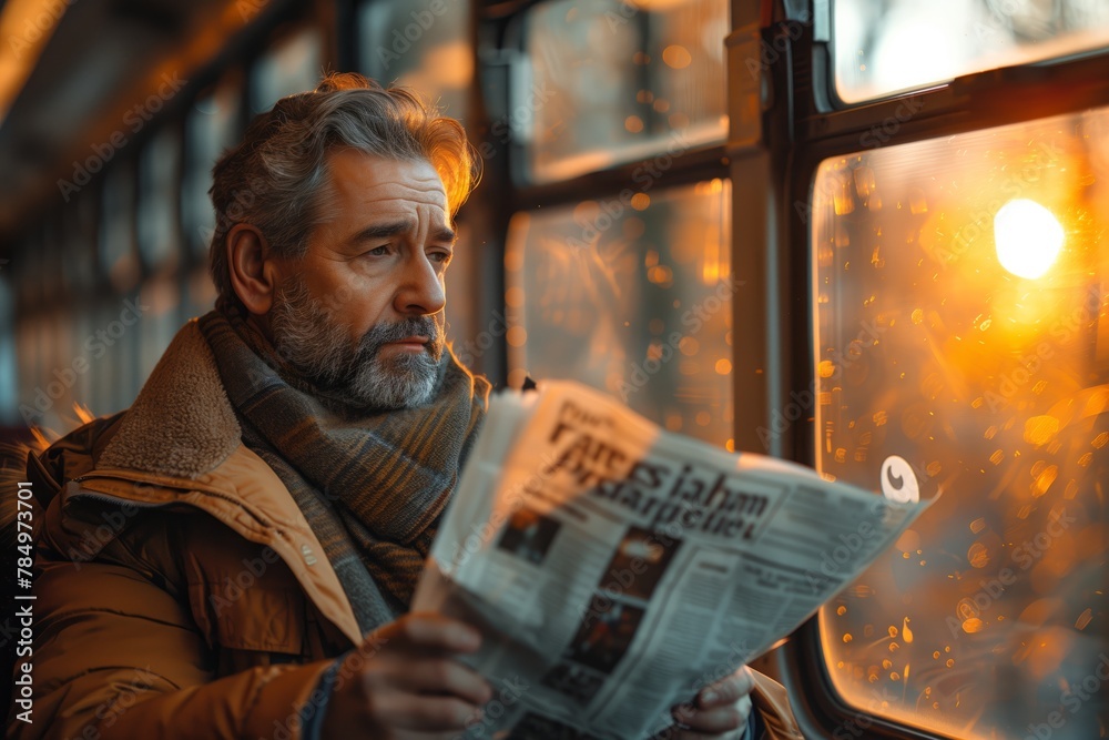 Mature man reading newspaper on public train
