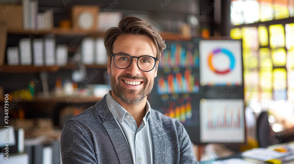 Fototapeta premium A smiling man in glasses, office background with charts on monitor, concept of business professional, Generative AI.