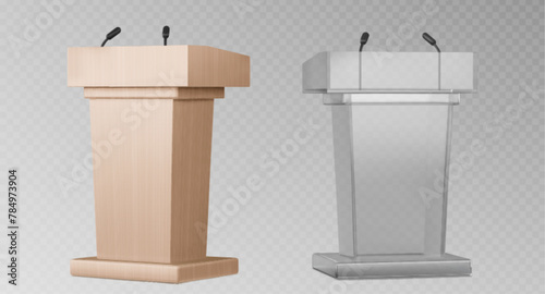 3d glass pulpit podium. Wood rostrum speech stand with speaker microphone for conference or debate. Isolated tribune design with mic for orator speaking with press or public ceremony communication. photo