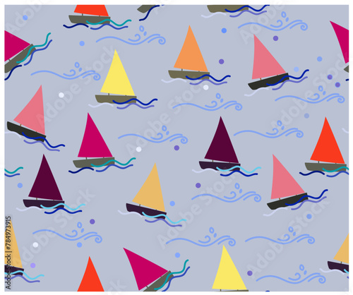  hand drawn seamless vector pattern, Sailboat vector Boats and sea waves. Design for fashion , fabric, textile, wallpaper , wrapping and all prints.