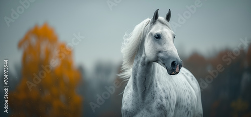 White horse portrait with an autumn forest background, capturing the animal's grace. Generative AI