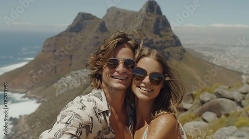 A young couple takes a selfie with mountains in the background on a sunny day, depicting a happy vacation moment. Generative AI