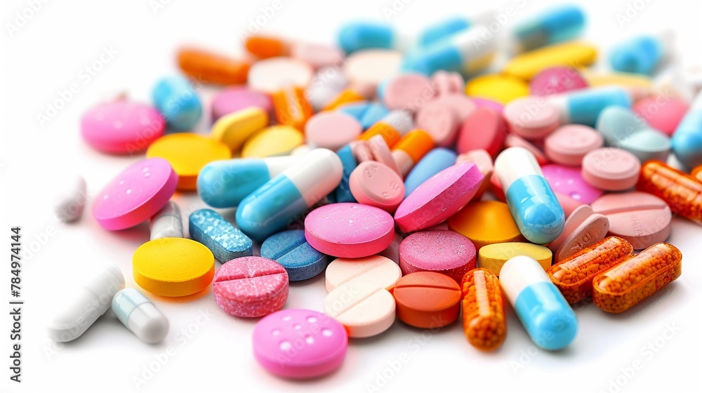 Pills scattered, vibrant colors, closeup, sharp focus, health theme, Pills scattered, vibrant colors, closeup, sharp focus, health theme,